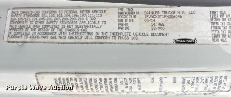 image for item FK1111 2015 Freightliner Business Class M2 refrigerated truck