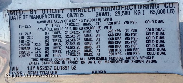 image for item YA1574 2016 Utility VS2RA refrigerated van trailer