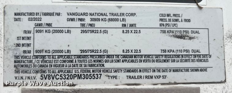 image for item YA1746 2023 Vanguard VXP dry van trailer