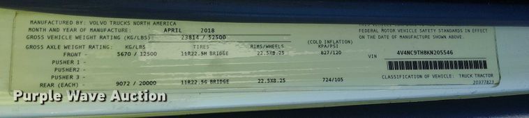 image for item YA1802 2019 Volvo VNL semi truck