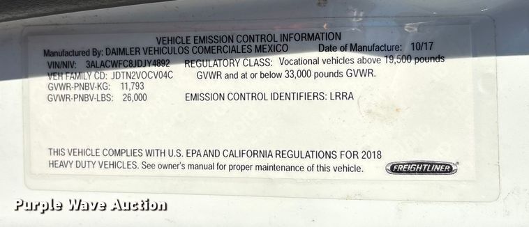 image for item YA1855 2018 Freightliner Business Class M2 box truck