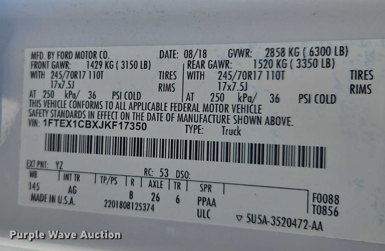 image for item DU2694 2018 Ford F150 Ext. Cab pickup truck