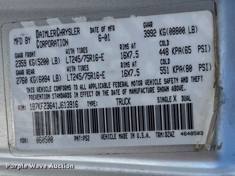 image for item DU6976 2001 Dodge Ram 2500 Ext. Cab pickup truck