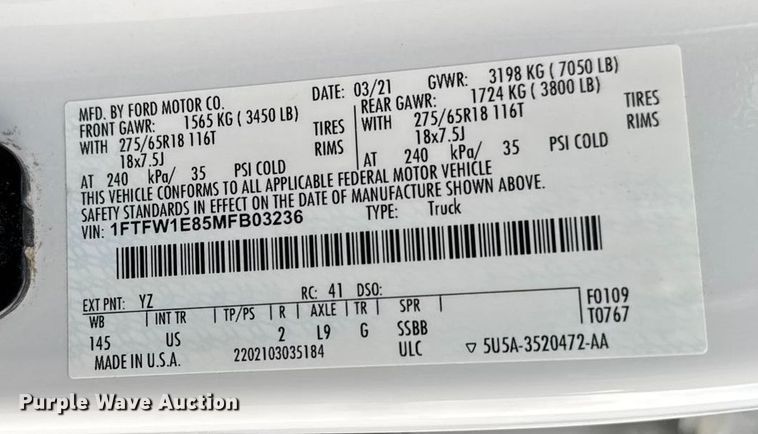 image for item EA2276 2021 Ford F150 Crew Cab pickup truck