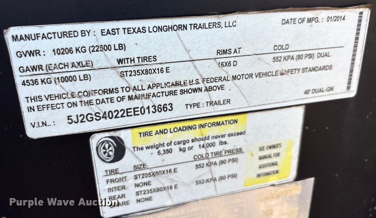 image for item EA7836 2014 East Texas Longhorn Trailers, Llc equipment trailer