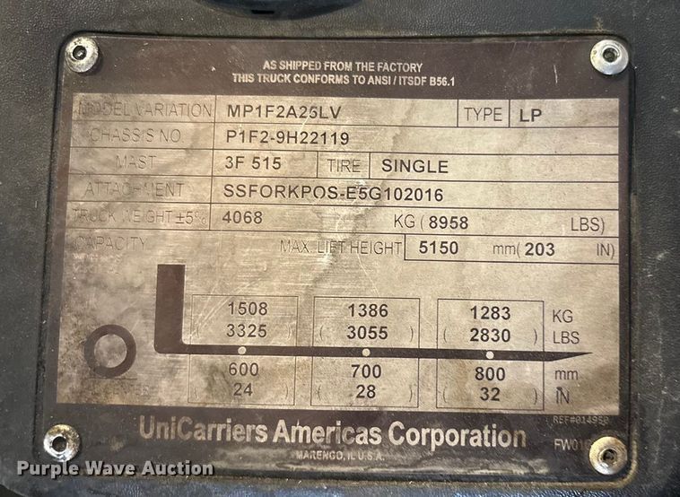 image for item EC8225 2017 UniCarriers PF50 forklift