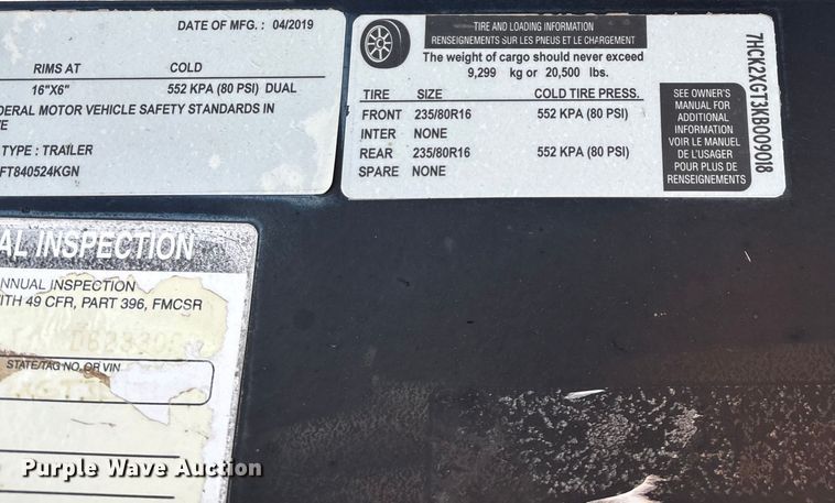 image for item ED2208 2019 Texas Pride FT840524KGN equipment trailer