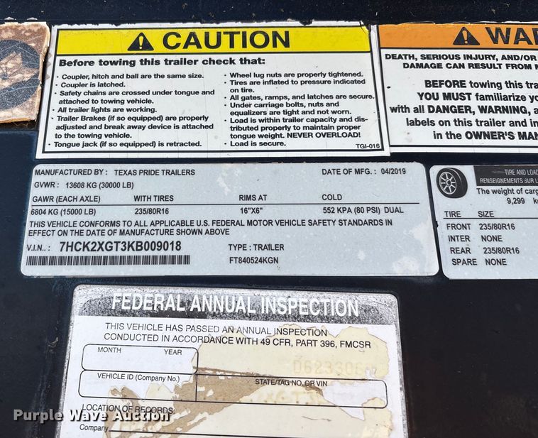 image for item ED2208 2019 Texas Pride FT840524KGN equipment trailer