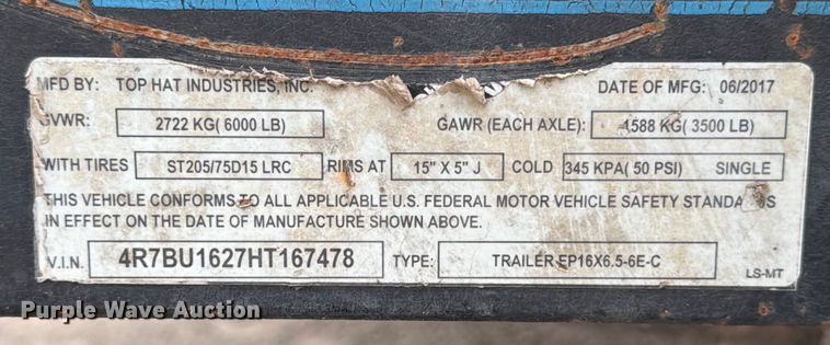 image for item ED5043 2017 Top Hat Industries EP16X6.5-6E-C utility trailer