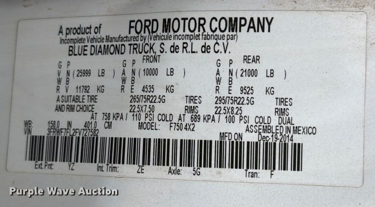 image for item ED5086 2015 Ford F750 Super Duty utility / service truck