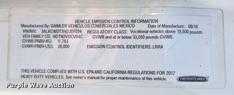 image for item ED5118 2017 Freightliner M2 box truck