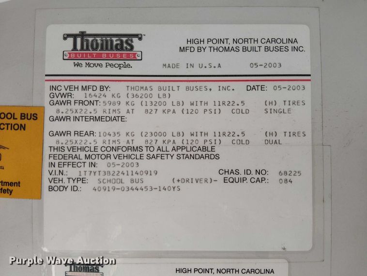 image for item EE5000 2004 Thomas Built HDX school bus