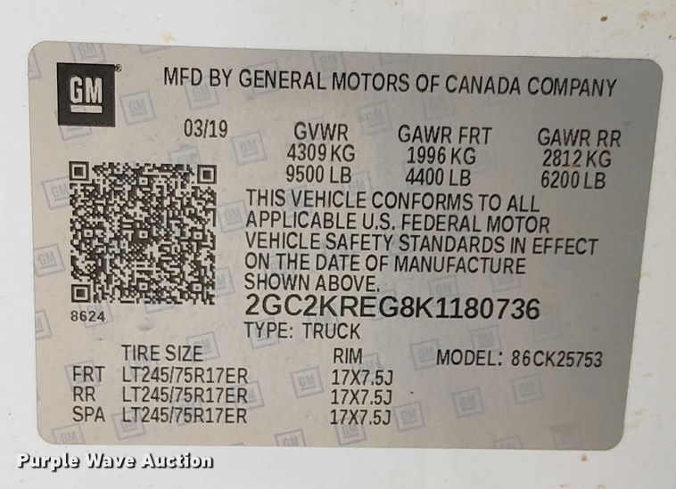 image for item EE5111 2019 Chevrolet Silverado 2500HD Ext. Cab pickup truck