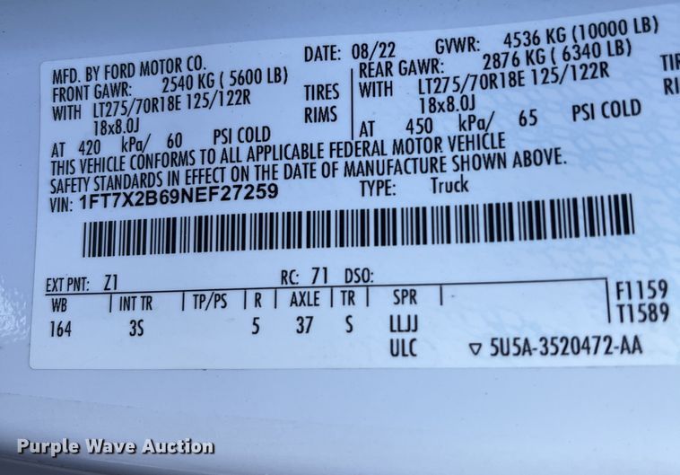 image for item EE5112 2022 Ford F250 Super duty XLT Ext. Cab pickup truck