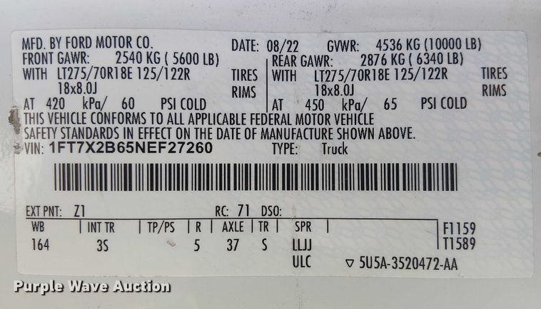 image for item EE5113 2022 Ford F250 Super Duty XLT Ext. Cab pickup truck