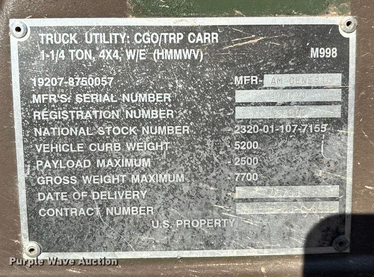 image for item EN5918 1993 AM General M998 HMMWV SUV