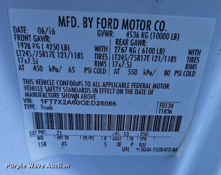 image for item EO4961 2016 Ford F250 Super Duty Ext. Cab pickup truck