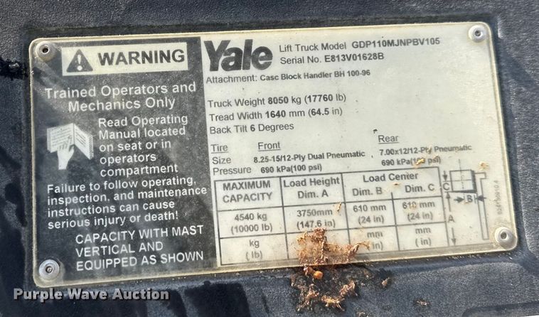 image for item ER0411 Yale GDP110MJNPBV105 forklift