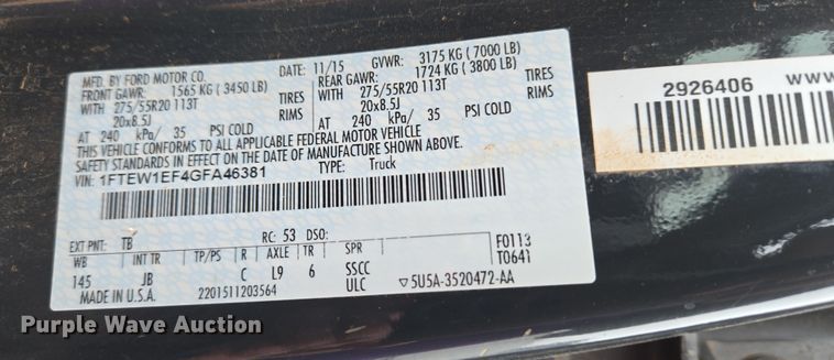 image for item ET1174 2016 Ford F150 XLT Crew Cab pickup truck