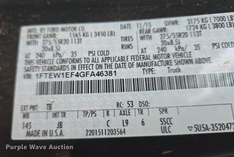 image for item ET1174 2016 Ford F150 XLT Crew Cab pickup truck