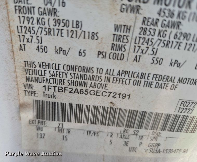 image for item ET1189 2016 Ford F250 Super Duty XL pickup truck