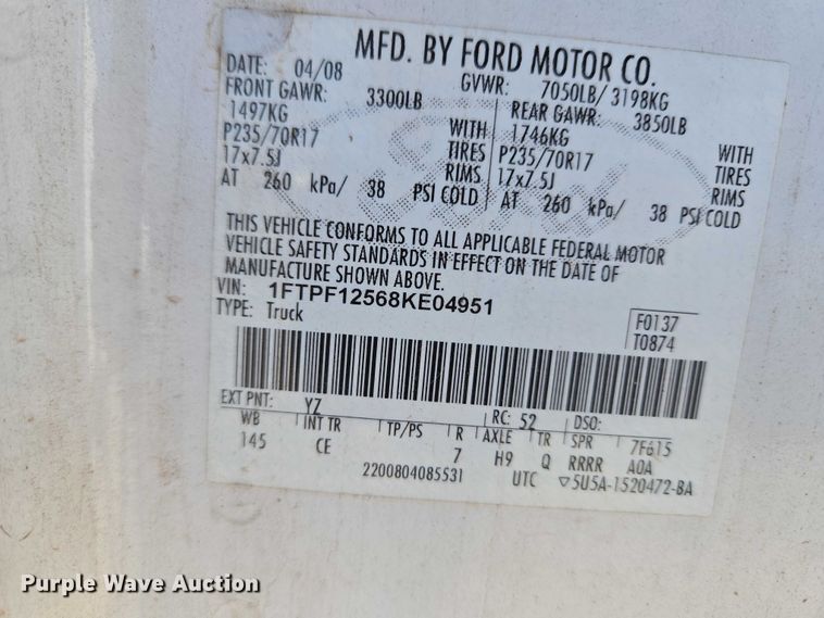 image for item ET1192 2008 Ford F150 XL pickup truck