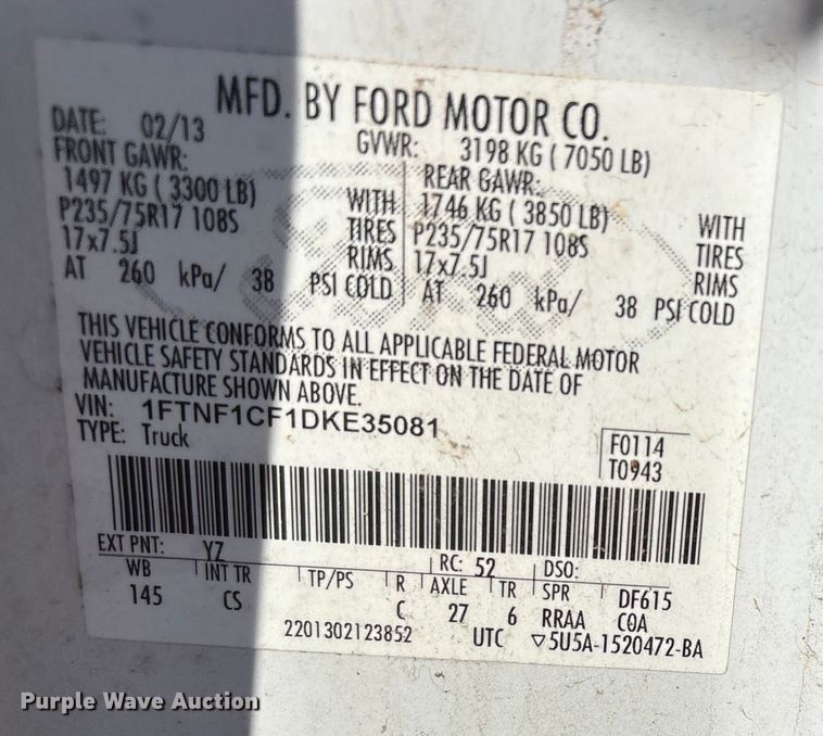 image for item ET1196 2013 Ford F150 XL pickup truck