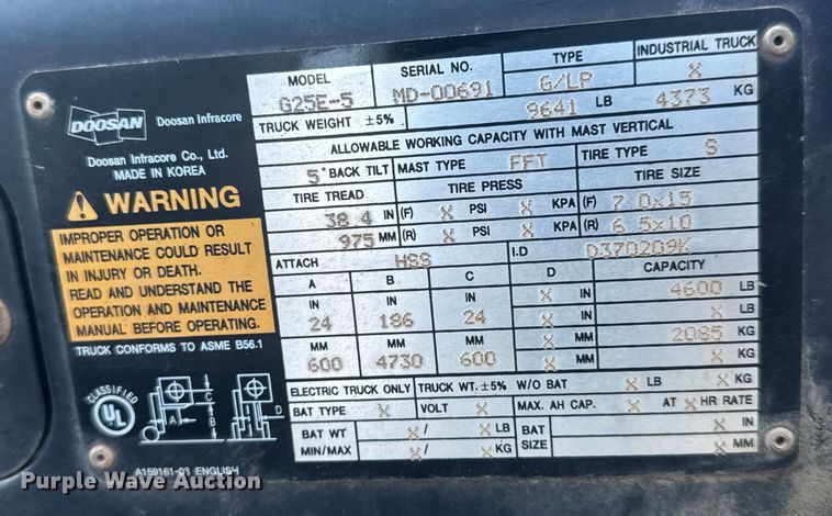 image for item ET4451 Doosan G25E-5 forklift