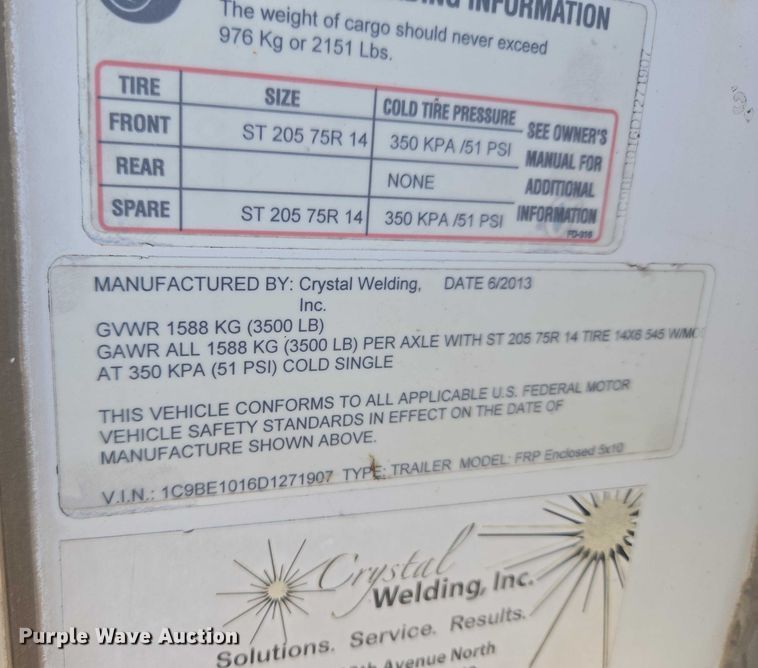 image for item ET5258 2013 Crystal Welding INC. enclosed cargo trailer