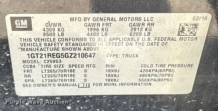 image for item ET6885 2016 GMC Sierra 2500HD Ext. Cab pickup truck