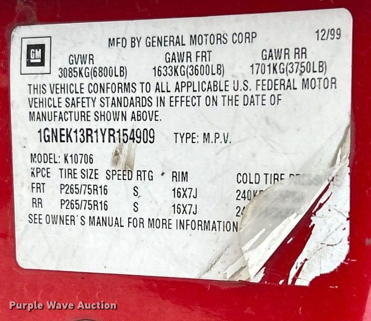 image for item ET6908 2000 Chevrolet Tahoe SUV