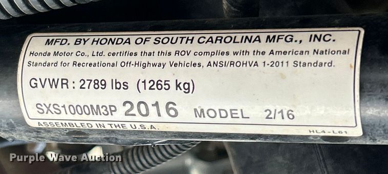 image for item ET6934 2016 Honda Pioneer 1000 utility vehicle