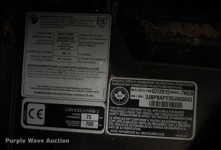 image for item ET7497 2016 Can-Am Maverick Max 1000R EPS utility vehicle