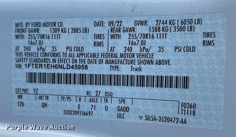 image for item ET8639 2022 Ford Ranger Ext. Cab pickup truck