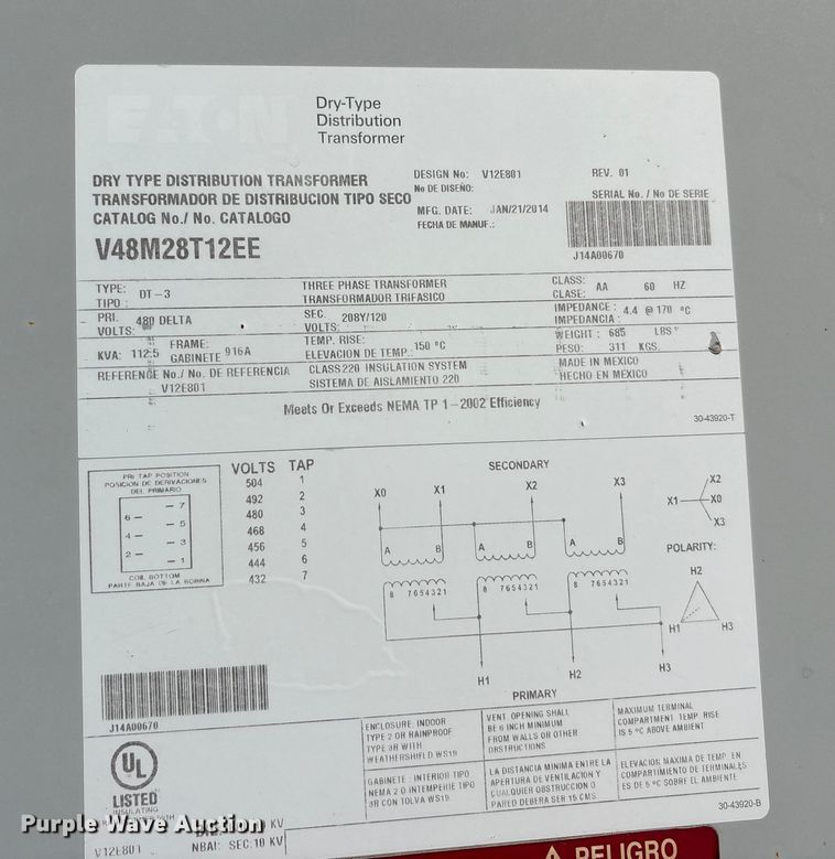 image for item EU0231 2014 Eaton transformer