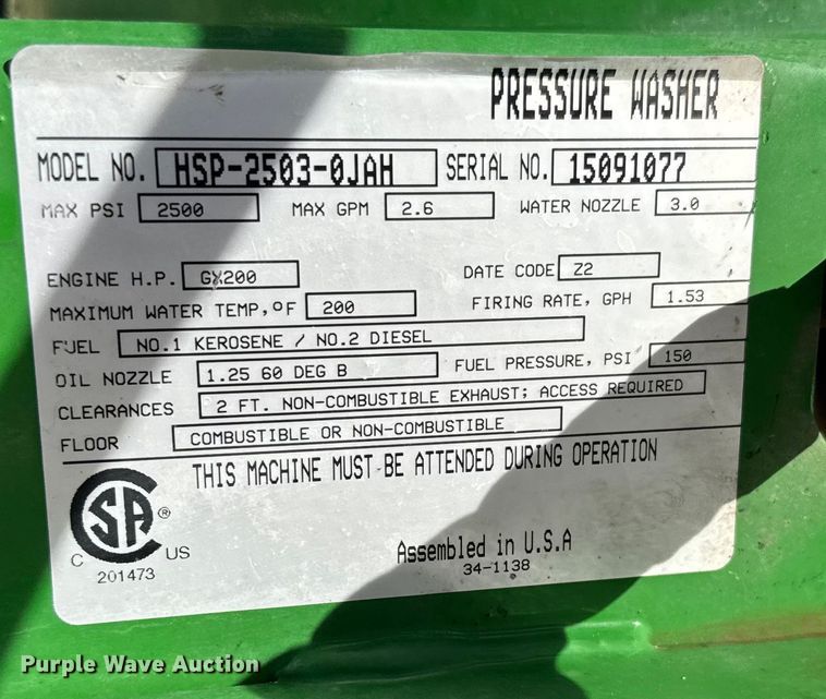 image for item FB0568 John Deere AC-2500GHH hot pressure washer