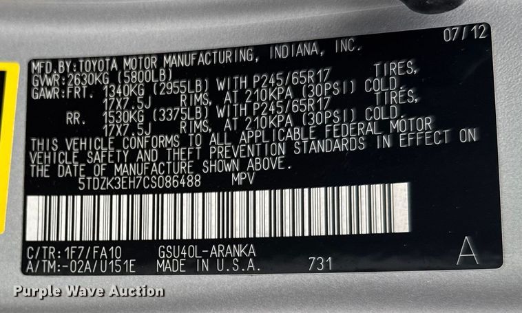 image for item FB0663 2012 Toyota Highlander SUV