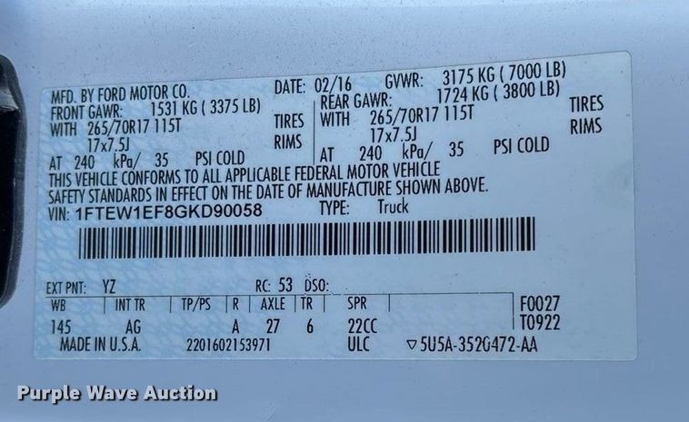 image for item FG0039 2016 Ford F150 Crew Cab pickup truck