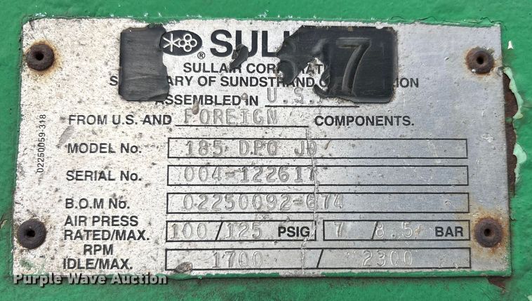 image for item FK1105 Sullair 185 DPQ JD air compressor