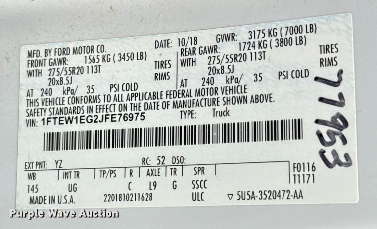 image for item HI9398 2018 Ford F150 Crew Cab pickup truck