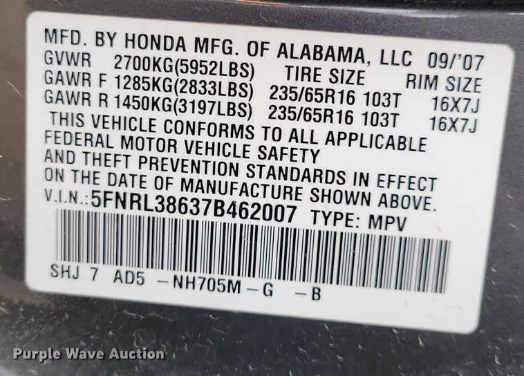 image for item NO9890 2007 Honda Odyssey van