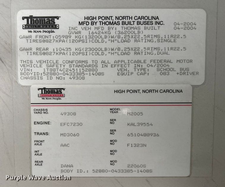 image for item OE9366 2005 Thomas Built School school bus