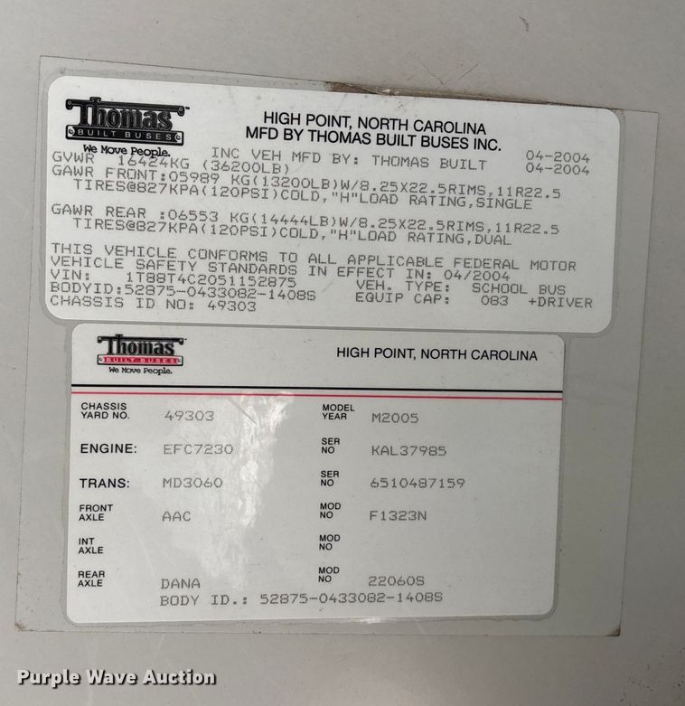 image for item OE9370 2005 Thomas Built school bus