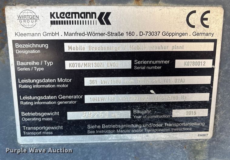 image for item DT2840 2015 Kleemann K078 MR130Zi EV02 crushing plant