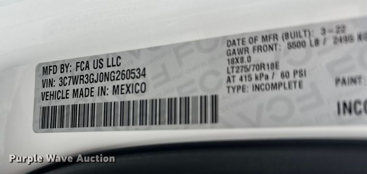 image for item DW4419 2022 RAM 3500 Crew Cab flatbed pickup truck