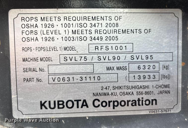 image for item DW7466 2017 Kubota SVL95-2S tracked skid steer loader