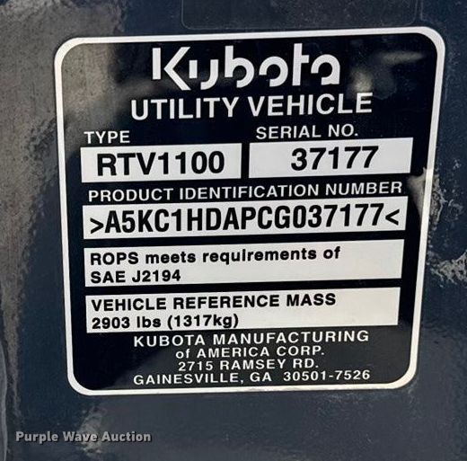 image for item EA2286 2012 Kubota RTV1100 utility vehicle
