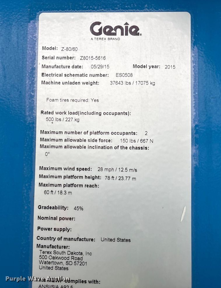 image for item EA7212 2015 Genie Z-80/60 boom lift