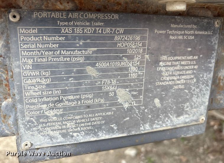 image for item EA7919 2018 Atlas XAS185KD7t4UR-7CW air compressor