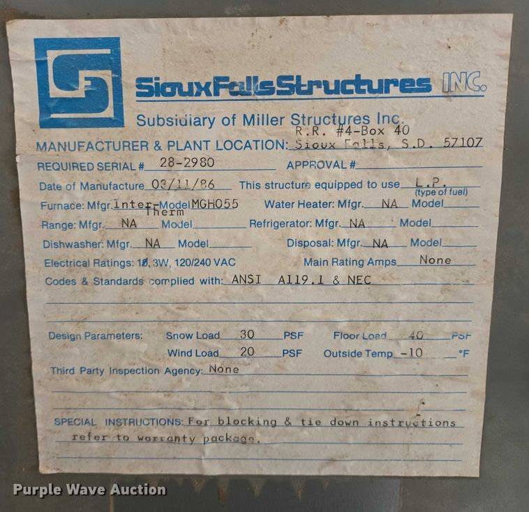 image for item EB1242 1986 Sioux Falls Structures mobile office trailer